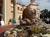 A large lion sculpture rests atop a stone waterfall in front of a grand, arched building.