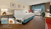 A modern hotel room features a large bed, a desk with a chair, and contemporary decor, with inset images highlighting amenities like free parking, an indoor pool, and an on-site restaurant.