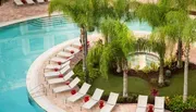 The image depicts a tranquil pool area lined with palm trees, loungers, and red cushions, suggesting a tropical resort setting.