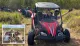 A person wearing a helmet and gloves excitedly poses in a red off-road buggy in a grassy field, with another buggy in the background.