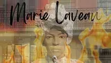 The image is a creative composition featuring the name Marie Laveau overlaid with a blended visual of flames and the figure of a woman wearing a headscarf, set against a background that suggests a historic building facade.