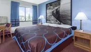 The image shows a neatly arranged hotel room with a large bed featuring a blue and brown geometric bedspread, a matching curtain, a big black and white nature photograph on the wall, and basic furniture like a desk chair and nightstands.