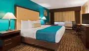 The image shows a well-appointed hotel room with a large bed, vibrant teal and brown decor, a desk with a chair, a television, and patterned carpeting.