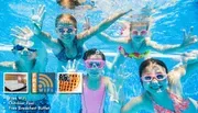 Five children are swimming underwater in a pool, all wearing colorful goggles, with promotional icons for free WiFi, an outdoor pool, and a free breakfast buffet.