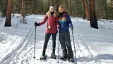 Two people are smiling in a snowy forest equipped with snowshoes and poles, enjoying a sunny winter day outdoors.