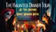 The image shows two people with their faces painted in a Dia de los Muertos style, sitting at a candlelit table, promoting The Haunted Dinner Tour at the historic Emily Morgan Hotel.