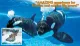 The image shows two orcas swimming underwater with a superimposed smaller photo of people enjoying a water ride, accompanied by a quote praising the experience for families and marine life enthusiasts.