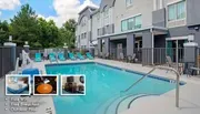The image shows an outdoor pool area of a hotel, featuring lounge chairs, surrounded by a fence, with additional insets highlighting amenities like free Wi-Fi, breakfast, and room interiors.