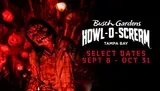 This image is a promotional poster for Busch Gardens' Howl-O-Scream event in Tampa Bay, featuring a spooky figure in a hooded costume with a skull-like mask set against a backdrop of eerie red lighting and Halloween decorations.