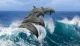 A group of dolphins is leaping energetically out of the ocean waves.