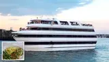 A large white yacht is sailing on the water with people on board, and there's a small inset showing a plate of food with green beans, rice, and a seasoned meat dish.