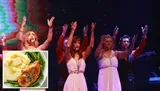 The image shows a group of performers in white outfits on stage with arms raised, alongside an inset of a plate with mashed potatoes, gravy, green beans, and a meat dish.