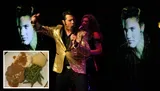 A performer in a gold jacket sings on stage with background images, while an inset shows a plate of mashed potatoes, green beans, and a meat dish with gravy.