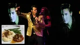 A performer in a gold jacket sings on stage with background images, while an inset shows a plate of mashed potatoes, green beans, and a meat dish with gravy.