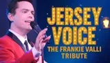 A person in a red jacket is singing into a microphone next to text that says Jersey Voice: The Frankie Valli Tribute.