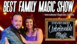 This image is a promotional graphic for the Best Family Magic Show, featuring two smiling individuals and mentioning Steven Best Unbelievable Magic along with the endorsement of the International Magicians Society.
