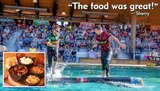 Two competitors are log rolling in a water tank in front of an audience, with a quote saying Great time for the WHOLE FAMILY! by Paula, and a collage of food items displayed in the inset.