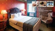 A cozy hotel room with elegant furnishings is highlighted alongside images of room service dining, a massage, and a heated outdoor pool, emphasizing available amenities.