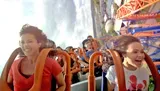 Thrilled riders express joy and excitement on a roller coaster as they descend a steep track under a sunny sky.