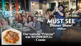 A group of people dressed in 1920s-style attire are enjoying a dinner show, with text praising the performance and service, and an inset image of pasta.