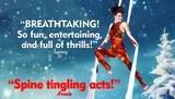The image shows an aerial performer on silk ropes set against a snowy background with reviews praising the show as breathtaking and spine tingling.