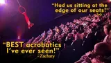 An acrobat performs on a ring high above an audience, accompanied by enthusiastic reviews in bold text.