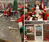 A person dressed as Mrs Claus looks surprised in a Christmas-themed kitchen while surrounded by individuals dressed as elves who are focused on preparing holiday treats