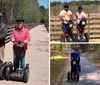 Two people are standing with Segways on a wooden bridge outdoors wearing helmets and smiling for the camera