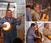 Three musicians playing a double bass guitar and banjo perform with visible enthusiasm in front of a wooden backdrop