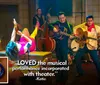 The image shows a lively scene with performers dressed in 1950s attire playing guitars and a double bass on stage while a person wearing vibrant clothing is upside down with legs in the air in front and theres a superimposed picture of a plate of food featuring what appears to be meat vegetables and bread