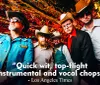 A group of five men sporting cowboy hats and eclectic outfits pose confidently with a festive colorful tinsel background accompanied by a quote praising their wit and musical talent attributed to the Los Angeles Times