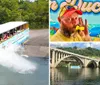 A duck boat filled with passengers is creating a splash as it enters the water from a ramp on a sunny day