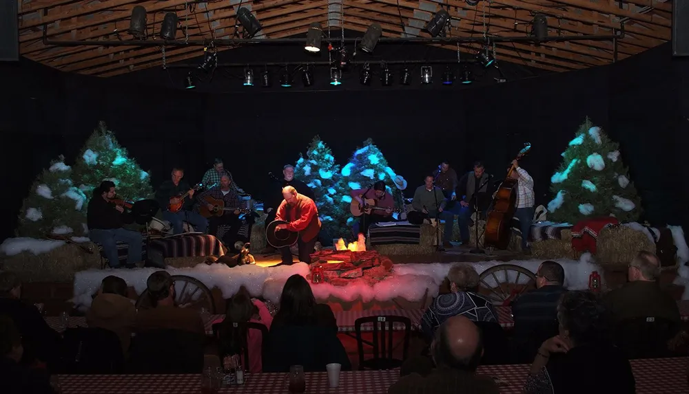 A group of musicians are performing on a winter-themed stage with an audience watching