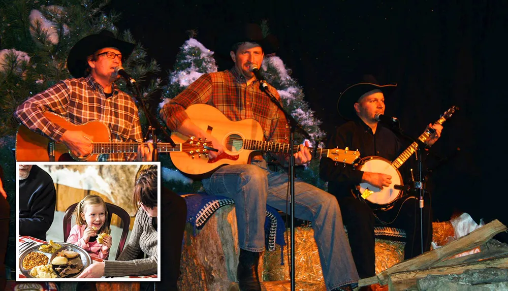 A trio of musicians in cowboy hats perform with acoustic instruments on stage and a small inset shows a child enjoying a meal