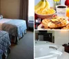 The image shows a neatly made bed with decorative pillows in a tidy hotel room with an air conditioning unit under the window