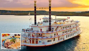 A large, multi-story riverboat decorated with banners sails on a peaceful lake at sunset, with an inset image showcasing a meal of roast, mashed potatoes, vegetables, and dessert.