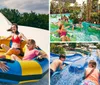 Three people are enjoying a sunny day at a water park sliding down in a large inflatable ring with big smiles on their faces