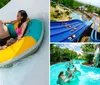 Three people are enjoying a sunny day at a water park sliding down in a large inflatable ring with big smiles on their faces
