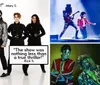 Three performers dressed in Michael Jackson-style outfits are on stage with quotes praising the performance as the greatest MJ tribute act and a true thriller