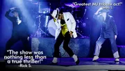Three performers dressed in Michael Jackson-style outfits are on stage, with quotes praising the performance as the 