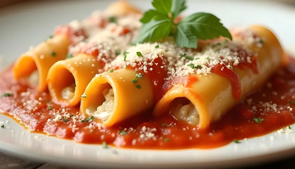 Four cannelloni pieces covered in tomato sauce garnished with parmesan and herbs