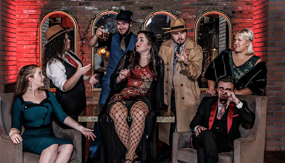 A group of people dressed in 1920s-style clothing sit and stand around a table engaged in what appears to be lively conversation and drinking
