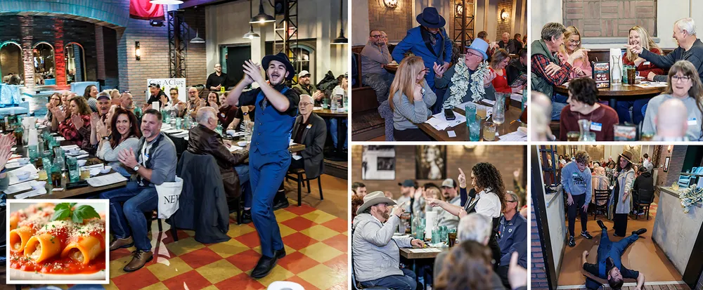 The image shows a lively dinner theater event with performers interacting with a cheerful audience in a restaurant setting