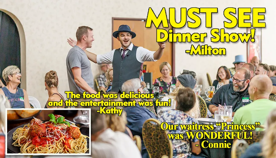 A lively dinner show scene with an engaging performer and guests enjoying their meals, accompanied by positive reviews praising the food, entertainment, and service.