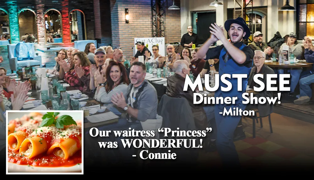The image features a group of people dressed in 1920s-style attire enjoying a dinner show with text reviews praising the performance and service alongside an inset of rolled pasta with sauce