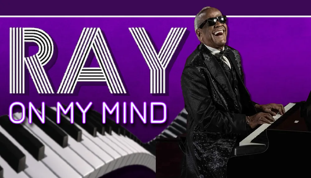 The image shows a person playing the piano with the text RAY ON MY MIND against a purple backdrop featuring stylized piano keys