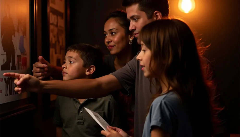A family is looking and pointing at something on a wall in a warmly lit room