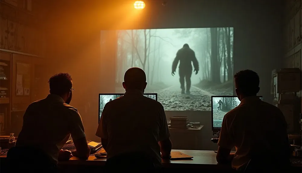 Three people in a dimly lit room analyze computer monitors and a large screen showing a shadowy figure walking in a misty forest