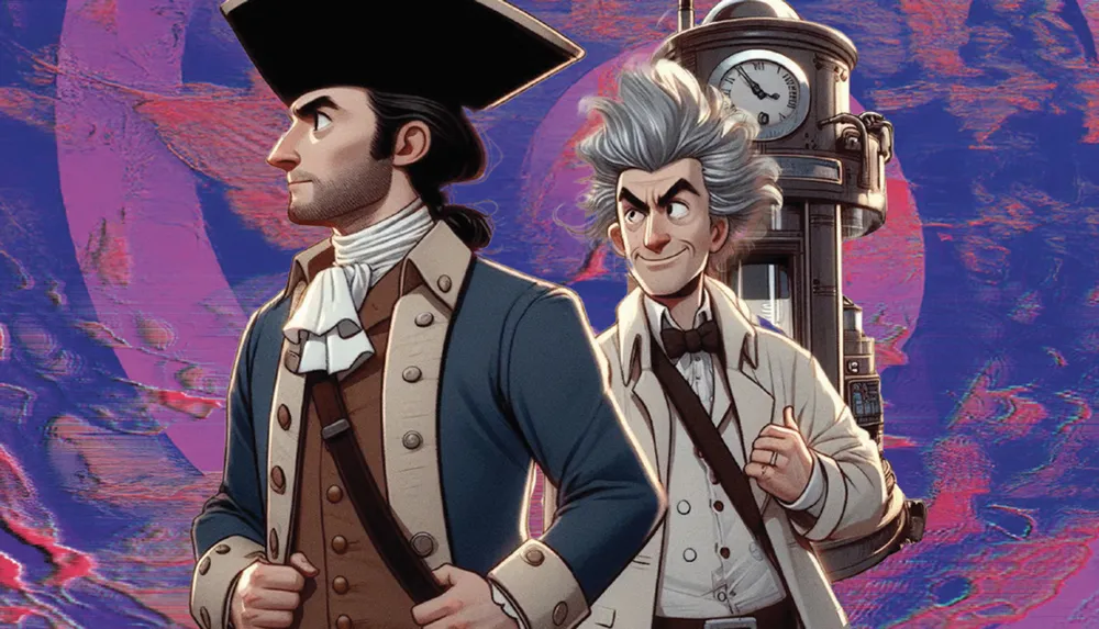 The image features two animated characters one dressed in historical attire and the other in a lab coat with spiky hair standing in front of a futuristic machine with a clock