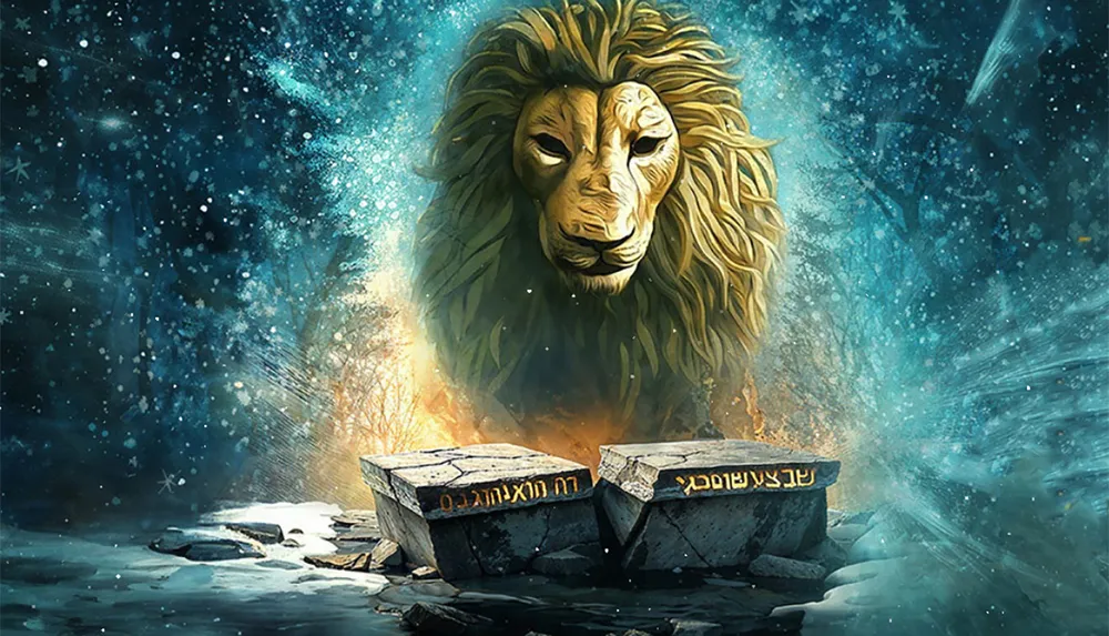 A majestic lion emerges in a mystical snowy landscape behind illuminated stone tablets with inscriptions